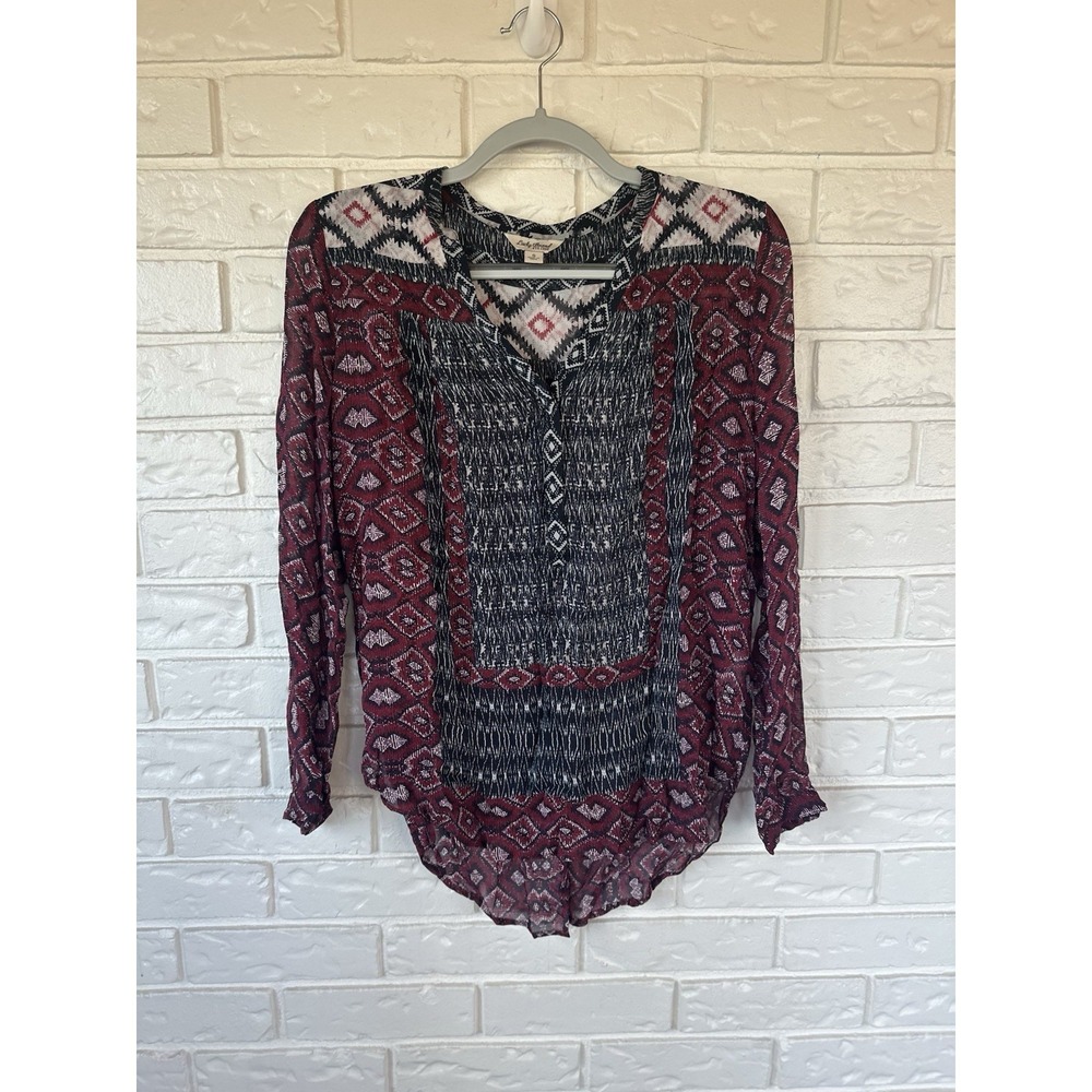 Lucky‎ Brand Boho Peasant Blouse Women S Red Black Aztec Print Sheer Long Sleeve
